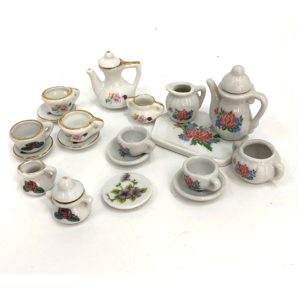 Miniature Floral Tea Set Lot 22 Mixed Doll House Decorative Crafts Art Shadowbox